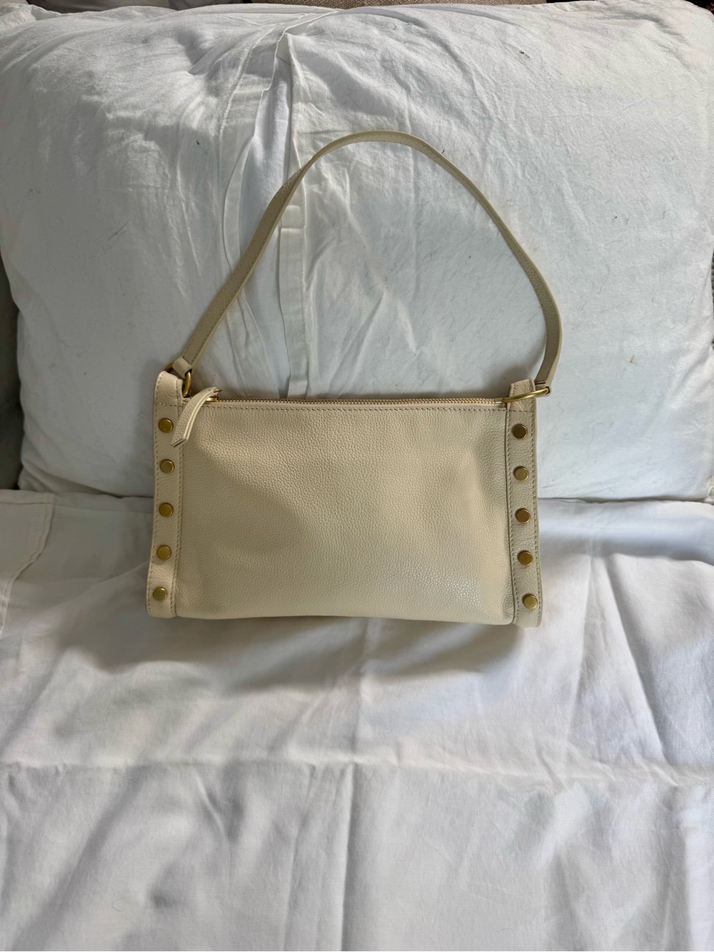 Vince Camuto Cream Pebbled Leather Shoulder Bag with Gold Studs